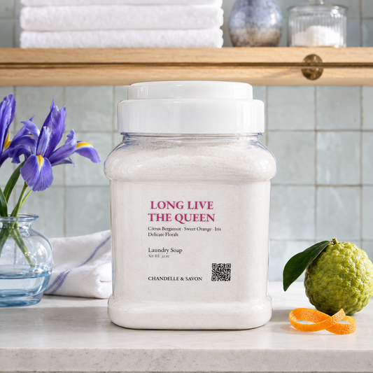A large white plastic jar of Chandelle & Savon laundry soap labeled 'LONG LIVE THE QUEEN' sits on a marble countertop in a bathroom setting. The jar is styled with a purple iris flower in a glass vase on the left and a green bumpy citrus fruit with an orange peel on the right.