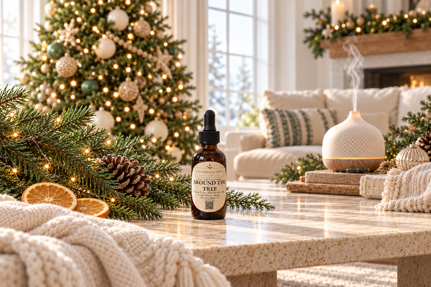 A small amber dropper bottle labeled 'AROUND THE TREE' sits on a marble coffee table in a cozy living room decorated for Christmas, with a lit tree, knit blanket, and diffuser in the background.