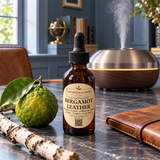 A bottle of Chandelle & Savon Bergamot Leather essential oil set on a dark stone tabletop, surrounded by a fresh bergamot citrus, a birch branch, a brown leather folio, and a wooden diffuser in the background.