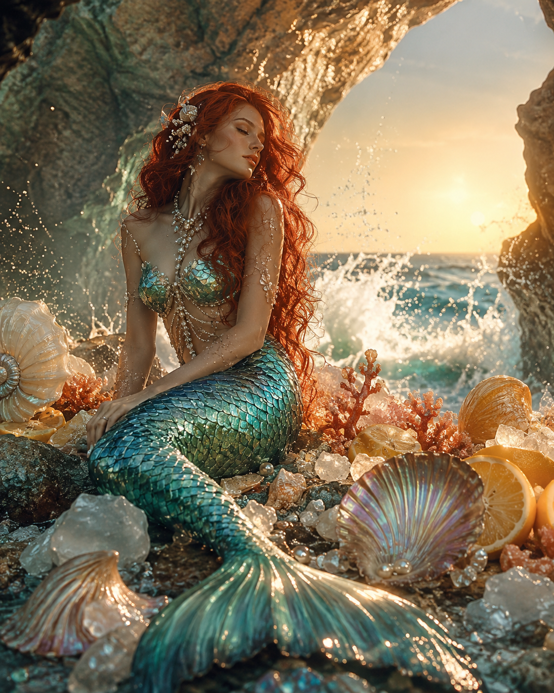 A mermaid with long red hair and a shimmering teal tail sits on a rocky beach surrounded by seashells, coral, ice, and ocean water at sunset.