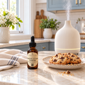 A bottle of Chocolate Chip Cookies diffuser oil in an amber glass dropper bottle stands on a marble kitchen counter next to a plate of chocolate chip cookies and a white diffuser.