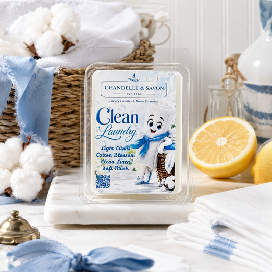 Chandelle & Savon Clean Laundry in a clear plastic clamshell package, styled on a marble board with cotton bolls, blue ribbon, folded white towels, a lemon half, and a small brass bell.