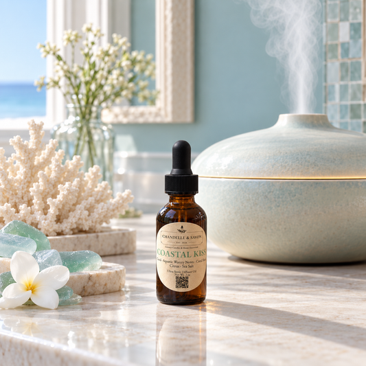 A small amber dropper bottle labeled 'Coastal Kiss' by Chandelle & Savon sits on a marble countertop in a bright, spa-like bathroom setting. A ceramic diffuser with rising steam, white flowers, and coral decor are visible in the background.