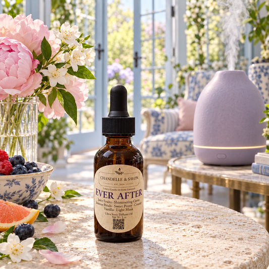 Chandelle & Savon Ever After diffuser oil in an amber glass dropper bottle, styled on a stone table with a pink peony vase, fresh berries, and a lavender diffuser in the background.