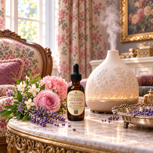 A bottle of lavender dream diffuser oil dropper sits on a marble table beside a glowing decorative diffuser, flowers, and a cozy upholstered chair in a richly styled room.