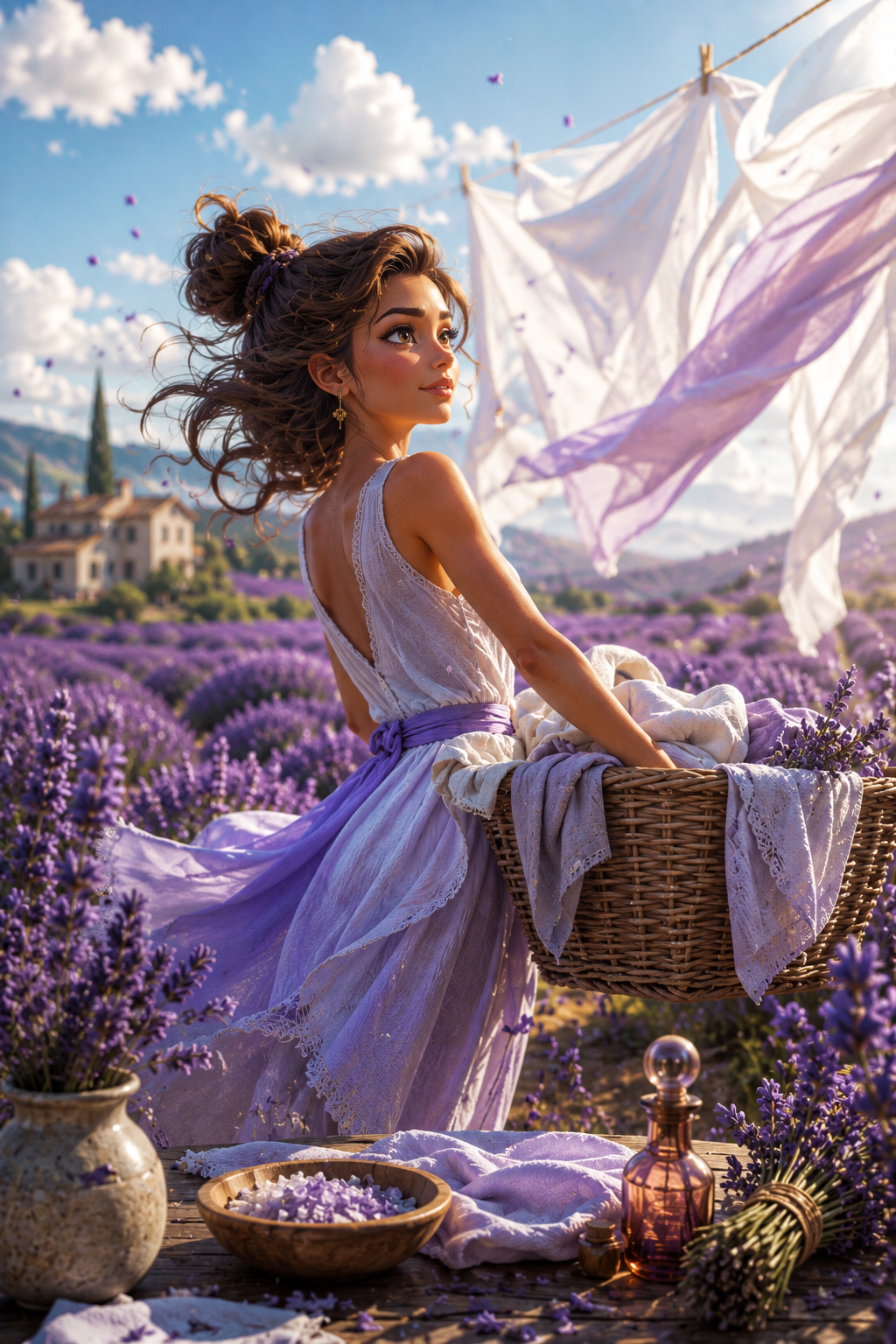 A woman in a flowing lavender dress sits in a lavender field beside a basket with white fabric, with laundry hanging in the background under a blue sky.