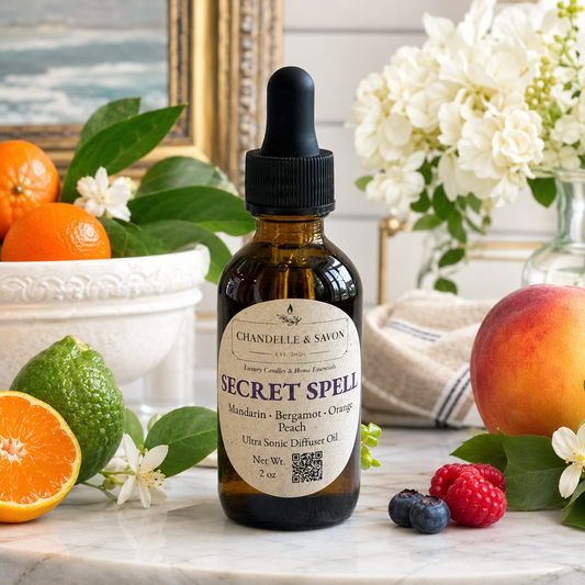 An amber glass dropper bottle labeled 'Chandelle & Savon Secret Spell' stands on a marble surface surrounded by citrus, berries, blueberries, flowers, and a peach in a styled indoor setting.