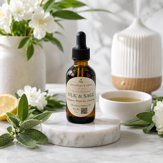 An amber glass dropper bottle labeled 'Chandelle & Savon Silk & Sage' stands on a white marble coaster in a styled tabletop scene with white flowers, sage leaves, a lemon slice, a cup of tea, and a diffuser in the background.