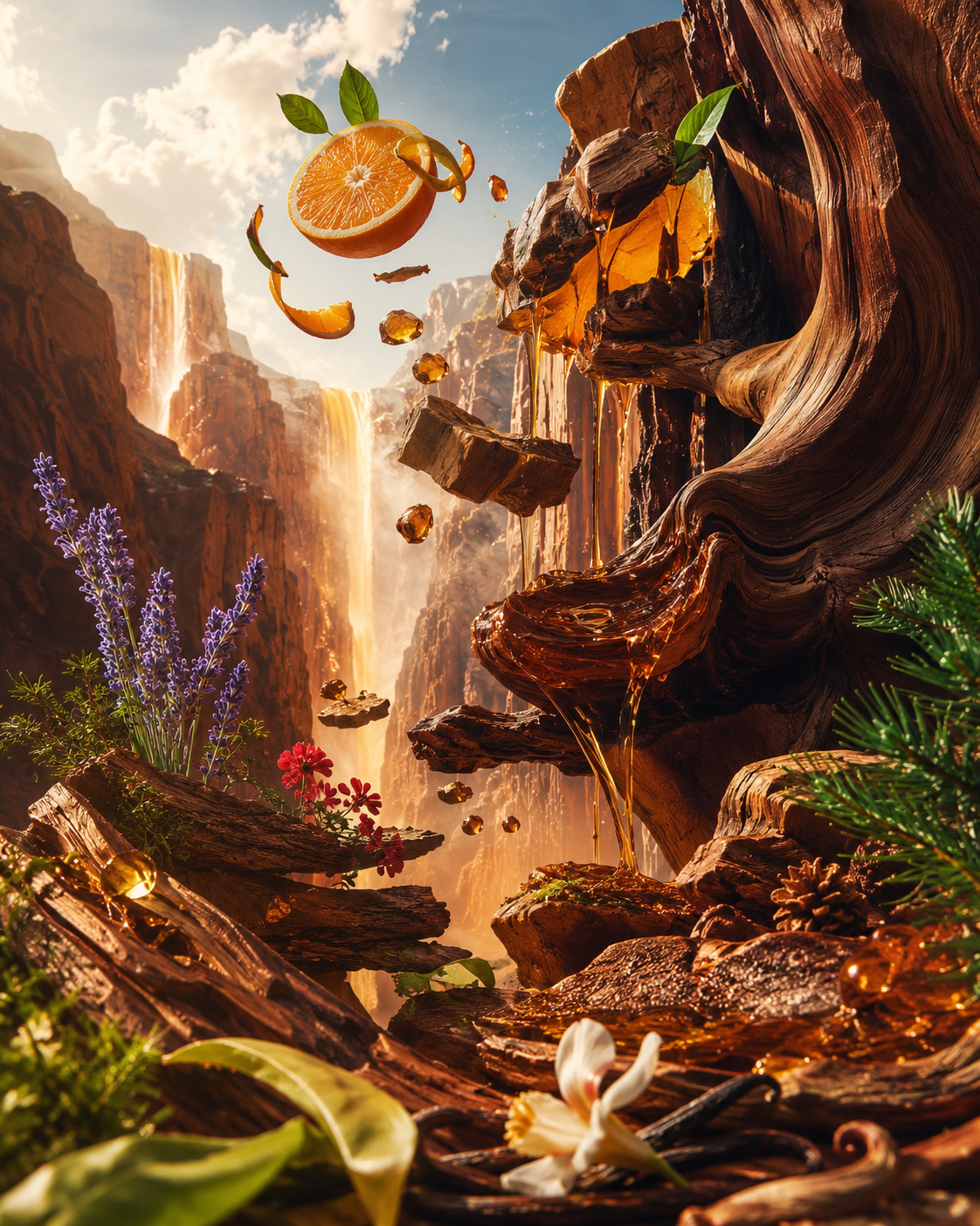 A surreal, highly stylized landscape scene showing a canyon with a waterfall, floating citrus slices and pulp, amber liquid dripping from rock formations, purple and red flowers, green foliage, and a white flower in the foreground.