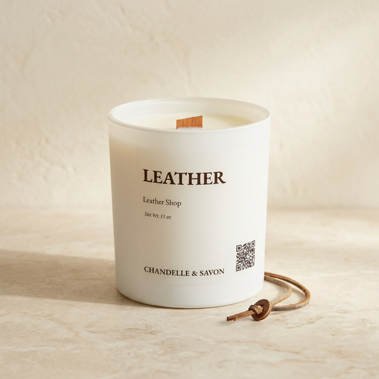 Leather Signature Wood Wick Candle By Chandelle & Savon