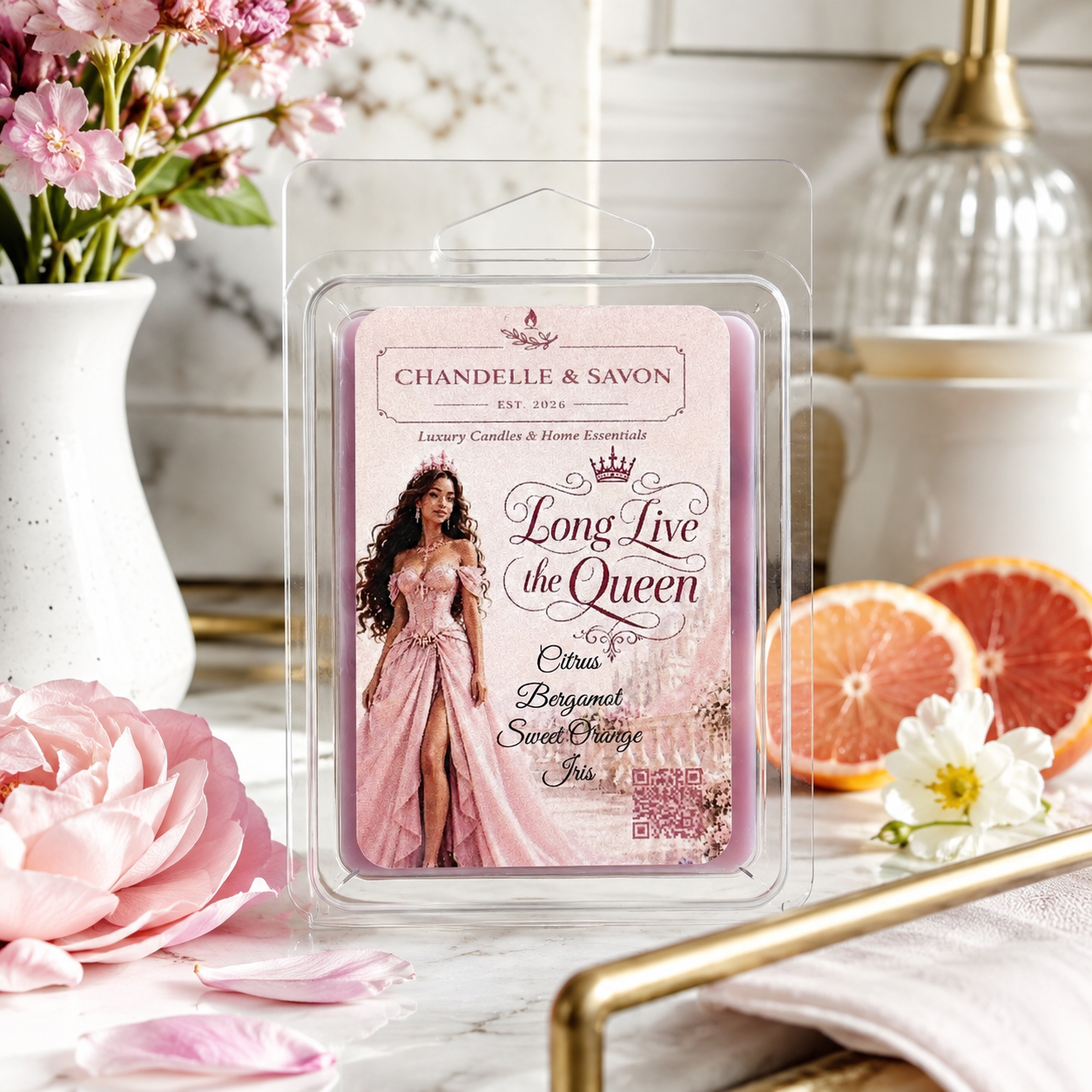 Chandelier & Savon 'Long Live the Queen' citrus scented wax melt in a clear plastic clamshell package, styled on a marble surface with pink flowers, orange slices, and a gold candle holder.