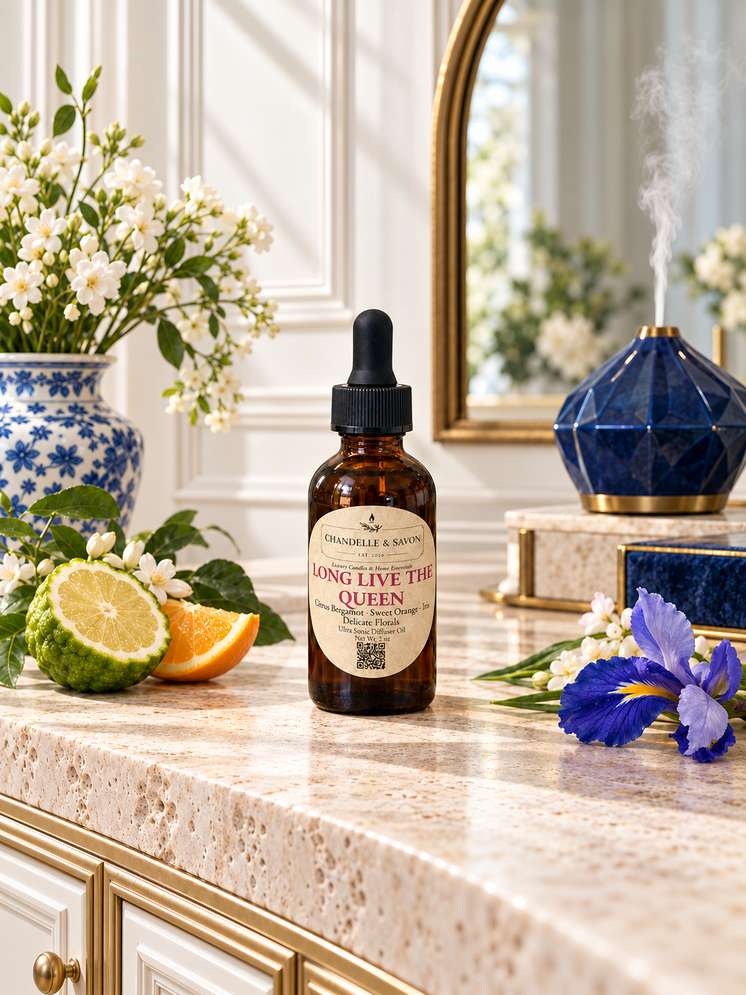 An amber glass dropper bottle labeled 'Long Live The Queen' by Chandelle & Savon sits on a marble bathroom counter surrounded by flowers, citrus slices, a blue diffuser, and a mirror.