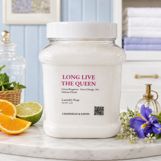 A large white jar of Chandelle & Savon laundry soap labeled 'LONG LIVE THE QUEEN' sits on a marble surface in a bright, styled bathroom setting with citrus slices, flowers, and folded towels in the background.