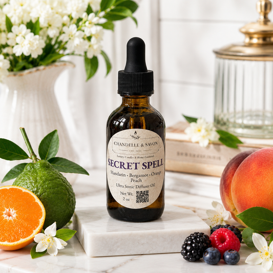 An amber glass dropper bottle labeled 'CHANDELLE & SOUEN SECRET SPELL' stands on a white marble slab, surrounded by fresh fruit and flowers in a bright kitchen-like setting.