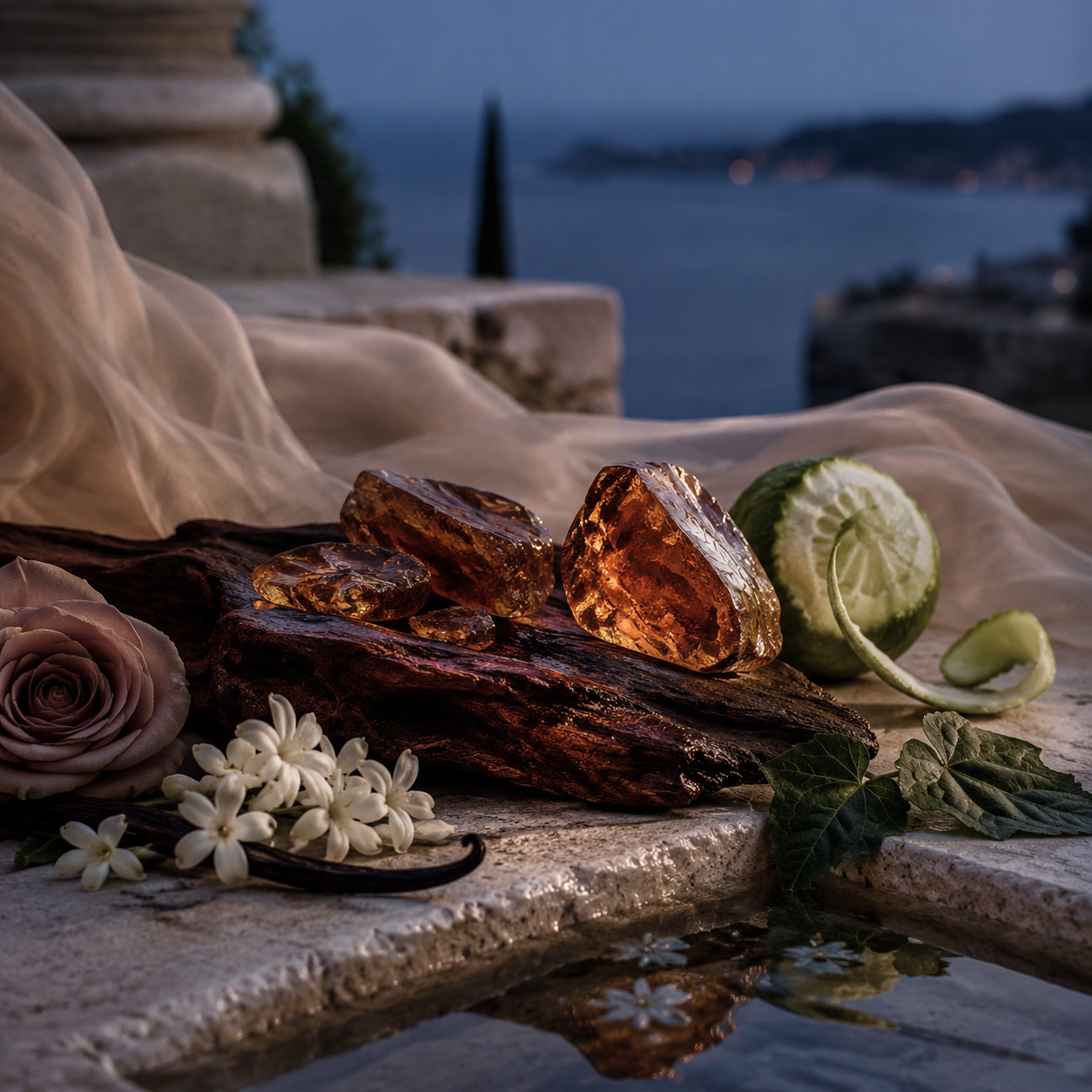 Amber resin crystals and a dark wood slice arranged on a stone surface with a draped sheer fabric, a pink rose, white flowers, mint leaves, and a lime slice, set against an outdoor waterfront at dusk.