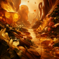 A glowing fantasy landscape with a narrow stream winding through a canyon of warm amber rocks, flowers, and butterflies in golden light.