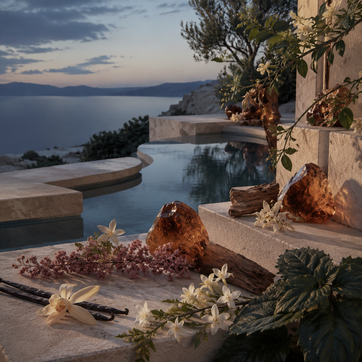 A luxury lifestyle scene featuring amber crystal clusters, white orchids, and black leather accessories arranged on a stone terrace overlooking a serene infinity pool and sea at dusk.
