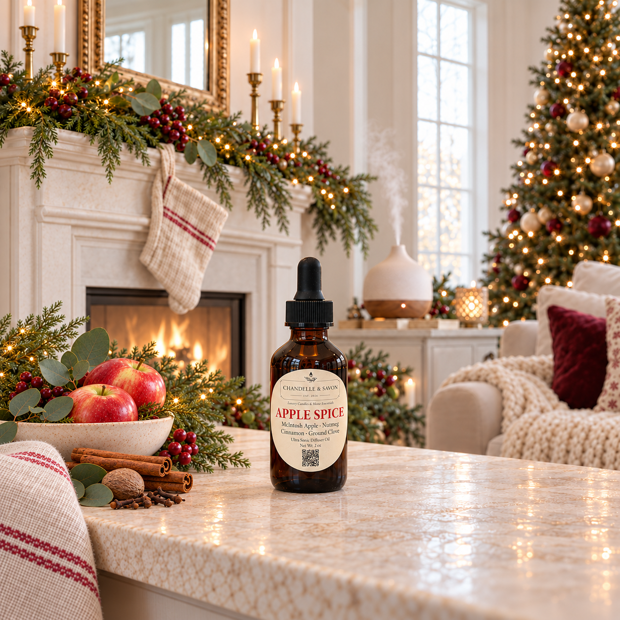 An amber glass bottle of Chandelle & Savon Apple Spice diffuser oil with a black dropper cap sits on a marble countertop in a cozy, festive living room decorated with a fireplace, garlands, apples, cinnamon sticks, and a Christmas tree.