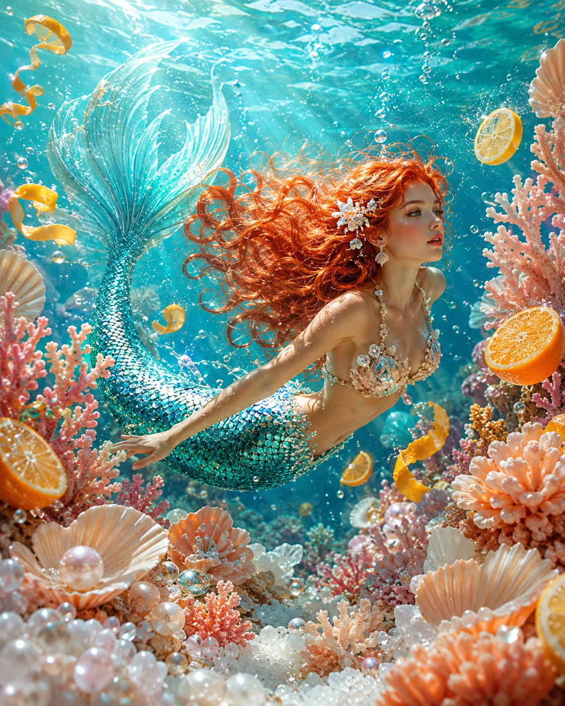 A mermaid with bright orange-red hair swims through a colorful underwater coral reef filled with shells, pearls, and floating orange slices. The scene is highly stylized and fantasy-like, with vivid blue water and warm coral tones.