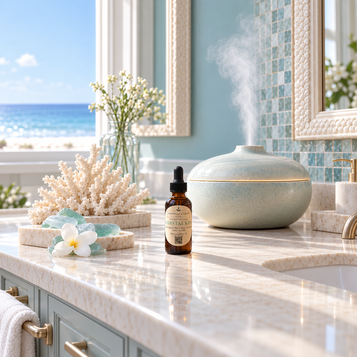 A small amber dropper bottle labeled 'Coastal Kiss' sits on a marble bathroom counter beside a teal ceramic diffuser emitting steam, with coral decor and an ocean view in the background.