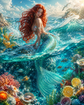 A fantasy underwater scene showing a mermaid with long red hair and a teal-blue scaled tail sitting on ocean waves above a coral reef with fish, shells, and citrus slices.