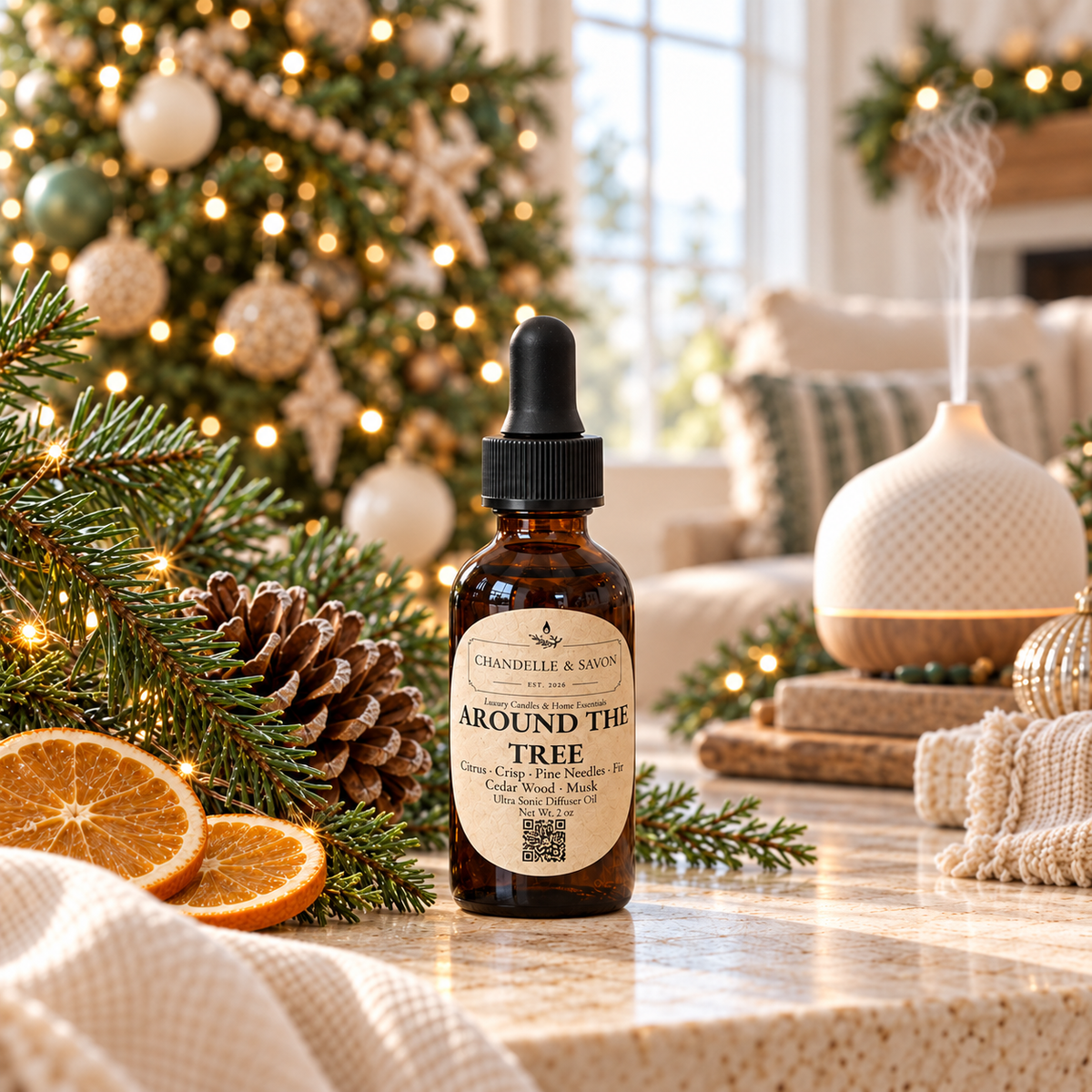 An amber glass dropper bottle labeled 'Around the Tree' by Chandelle & Savon, styled on a marble surface with Christmas greenery, pinecones, dried orange slices, and a diffuser in the background.