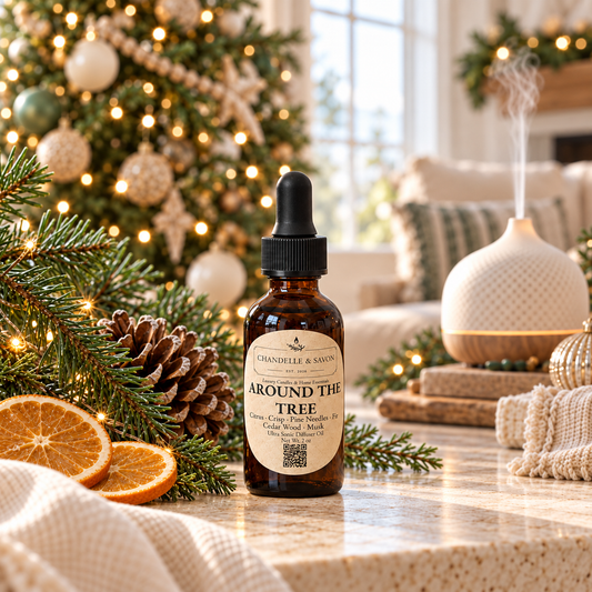 An amber glass dropper bottle labeled 'Around the Tree' by Chandelle & Savon, styled on a marble surface with Christmas greenery, pinecones, dried orange slices, and a diffuser in the background.