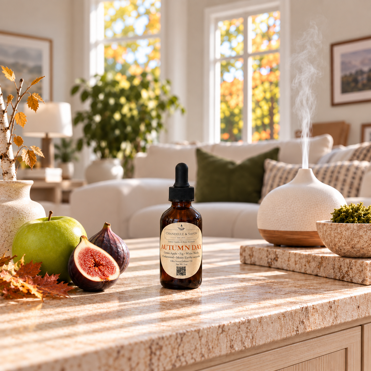 An amber glass dropper bottle labeled Autumn Day by Fragrance & Scent stands on a granite countertop in a bright, sunlit living room. The scene includes a green apple, a sliced fig, autumn leaves, a ceramic diffuser, and a sofa in the background.