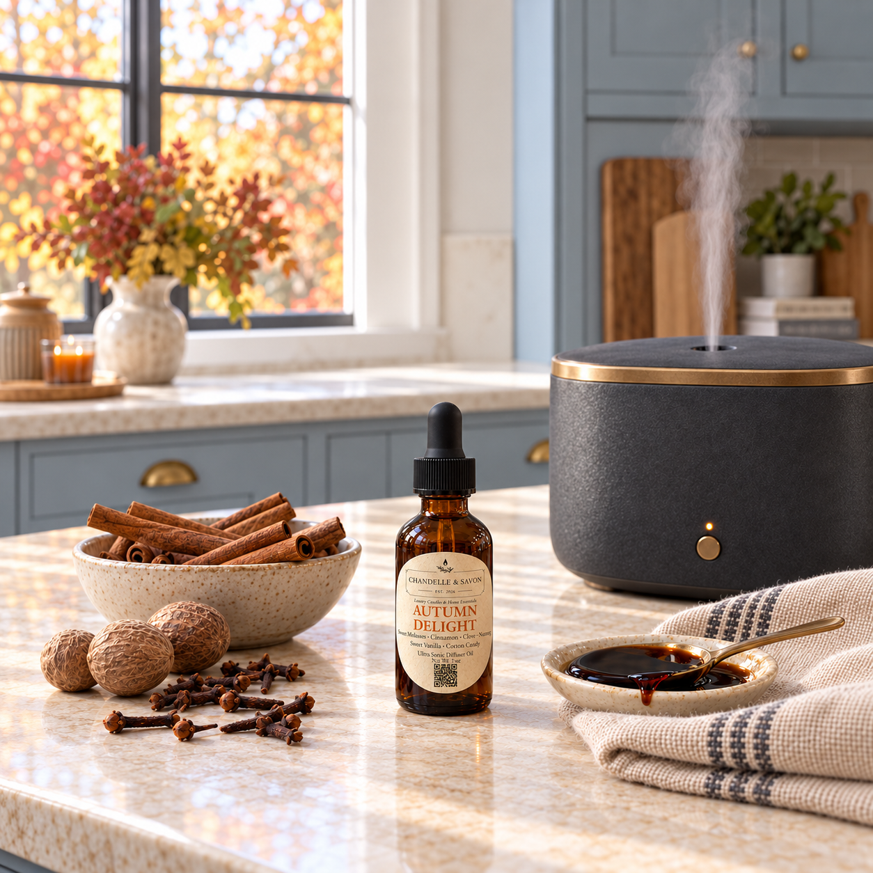 A bottle of Chandelle& Savon 'Autumn Delight' diffuser oil sits on a kitchen counter next to a dark gray diffuser emitting a mist, with cinnamon sticks, walnuts, cloves, and a small dish of oil nearby.