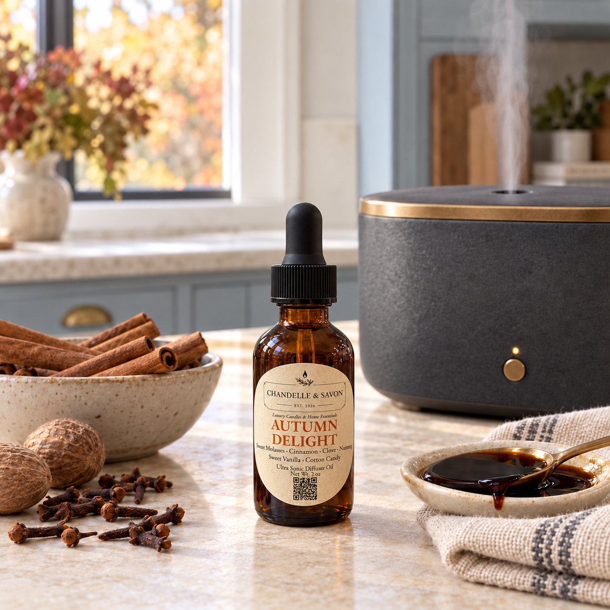 An amber glass dropper bottle labeled 'Chandelle & Savon' and 'Autumn Delight' sits on a kitchen counter beside a gray diffuser, cinnamon sticks, cloves, and a spoonful of liquid.
