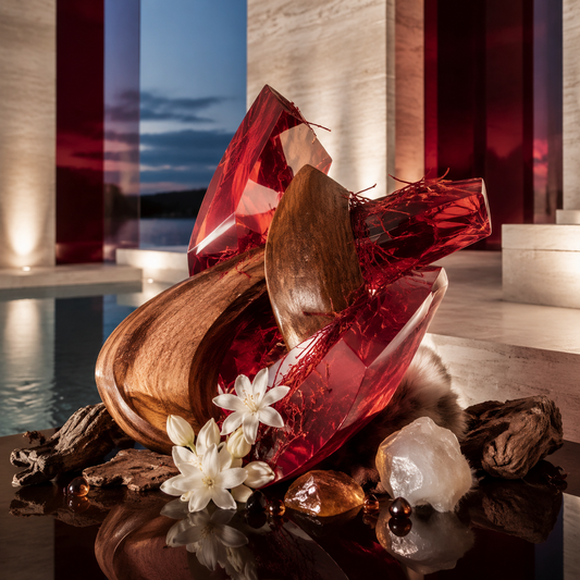 A sculptural arrangement of translucent red crystal-like forms and polished brown wood pieces on a reflective surface, accented with white flowers, small amber beads, and rough stones in an indoor architectural setting with warm lighting and a pool in the background.