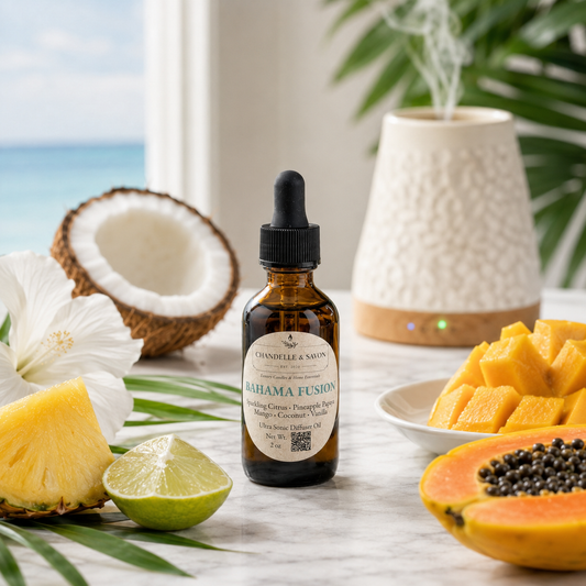 A bottle of Chandelle & Savons 'Bahama Fusion' essential oil blend, styled on a marble surface with tropical ingredients including pineapple, papaya, lime, a coconut, and a diffuser in the background.