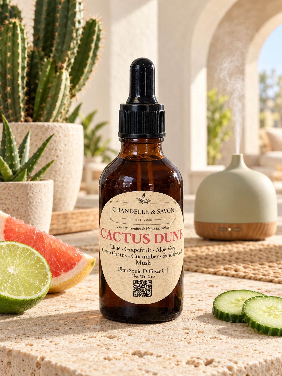 An amber glass dropper bottle labeled 'Cactus Dune' by Chandelle & Savon, styled on a stone surface with cactus plants, a diffuser, and sliced grapefruit, cucumber, and lime in a bright outdoor setting.