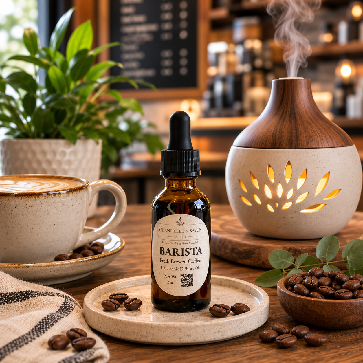 A small amber dropper bottle labeled 'BARISTA' stands on a round tray on a wooden table, surrounded by coffee beans, a cup of latte, a diffuser, and a potted plant in a cafe-like setting.