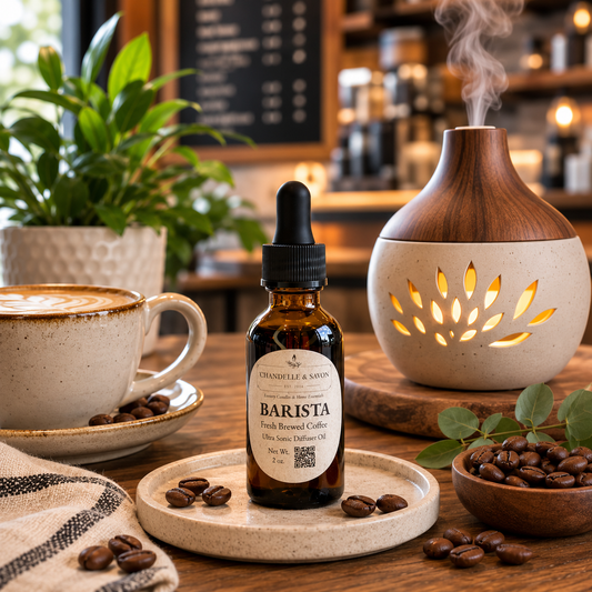 A small amber dropper bottle labeled 'BARISTA' stands on a round tray on a wooden table, surrounded by coffee beans, a cup of latte, a diffuser, and a potted plant in a cafe-like setting.