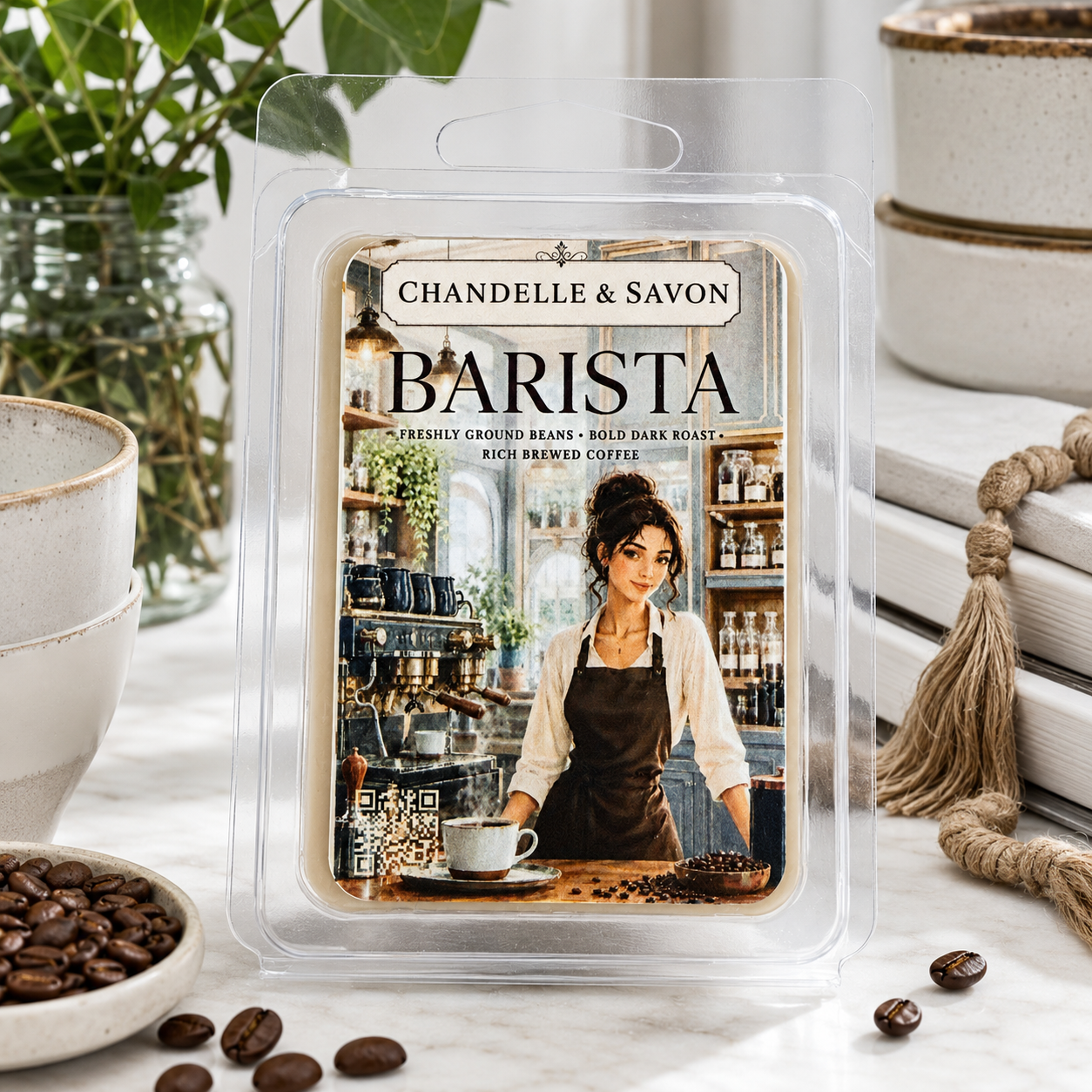A packaged coffee wax melt or scented melt tin labeled 'Chandelle & Savon Barista' sits on a marble surface with coffee beans and cafe-themed decor around it. The front shows an illustrated barista scene and the text 'Freshly Ground Beans - Bold Dark Roast - Rich Brewed Coffee.