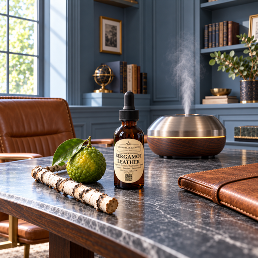 A bottle of Bergamot Leather oil by The Perfume Shop sits on a marble-topped desk in a styled home office. The amber dropper bottle is surrounded by a green bergamot fruit, a piece of birch wood, and a dark brown leather portfolio notebook.