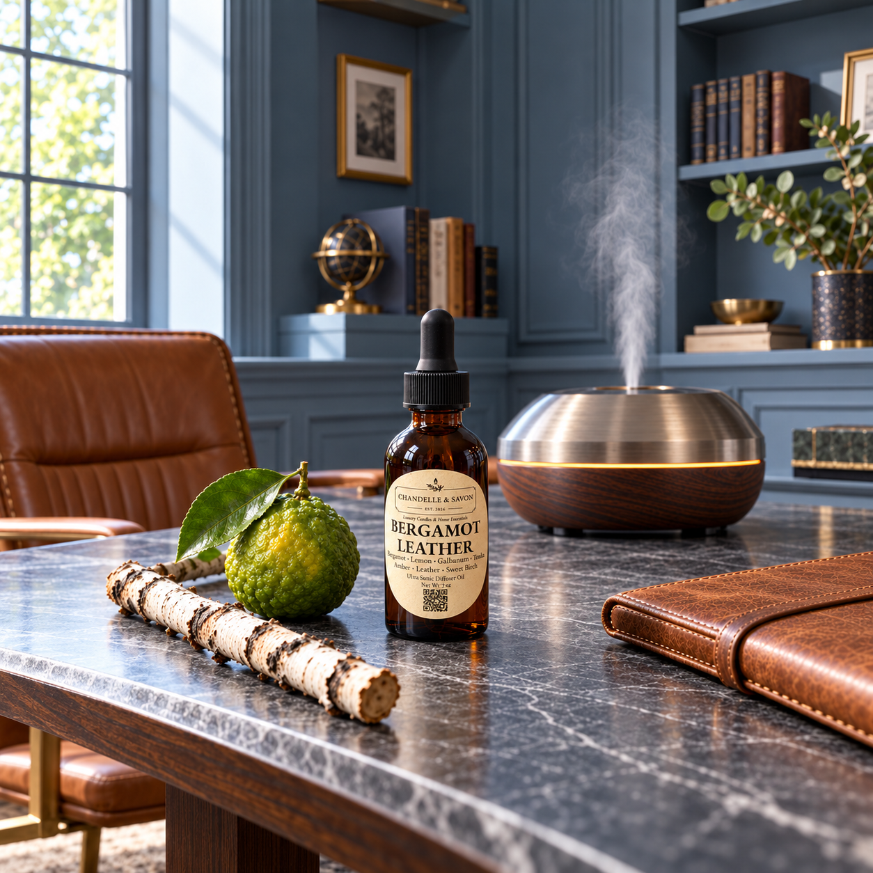 A bottle of Bergamot Leather oil by The Perfume Shop sits on a marble-topped desk in a styled home office. The amber dropper bottle is surrounded by a green bergamot fruit, a piece of birch wood, and a dark brown leather portfolio notebook.