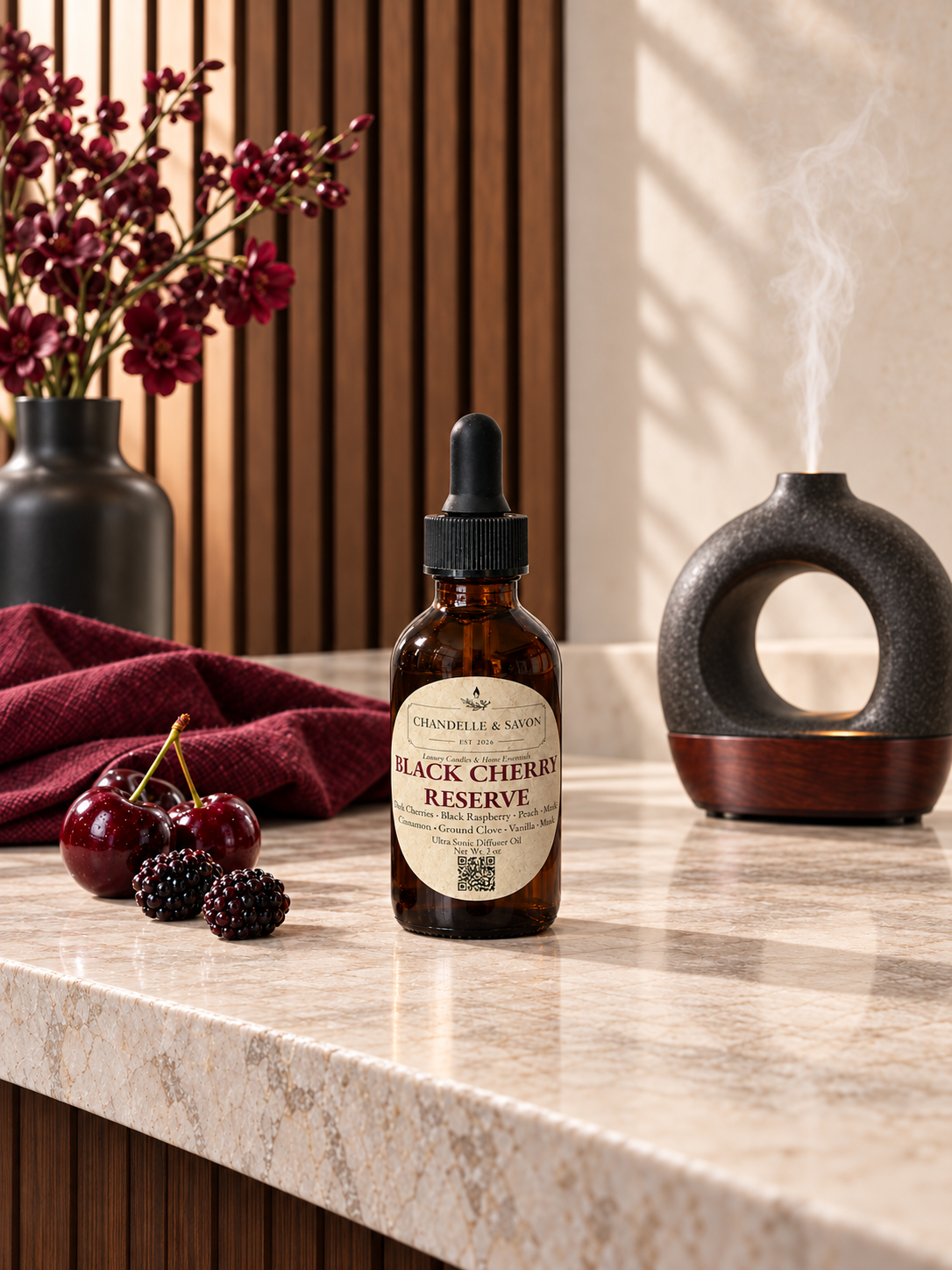 A bottle of Chandelle & Savon Black Cherry Reserve diffuser oil stands on a marble countertop, styled with fresh cherries and blackberries, a dark red cloth, a diffuser, and a vase of flowers in a warm indoor setting.