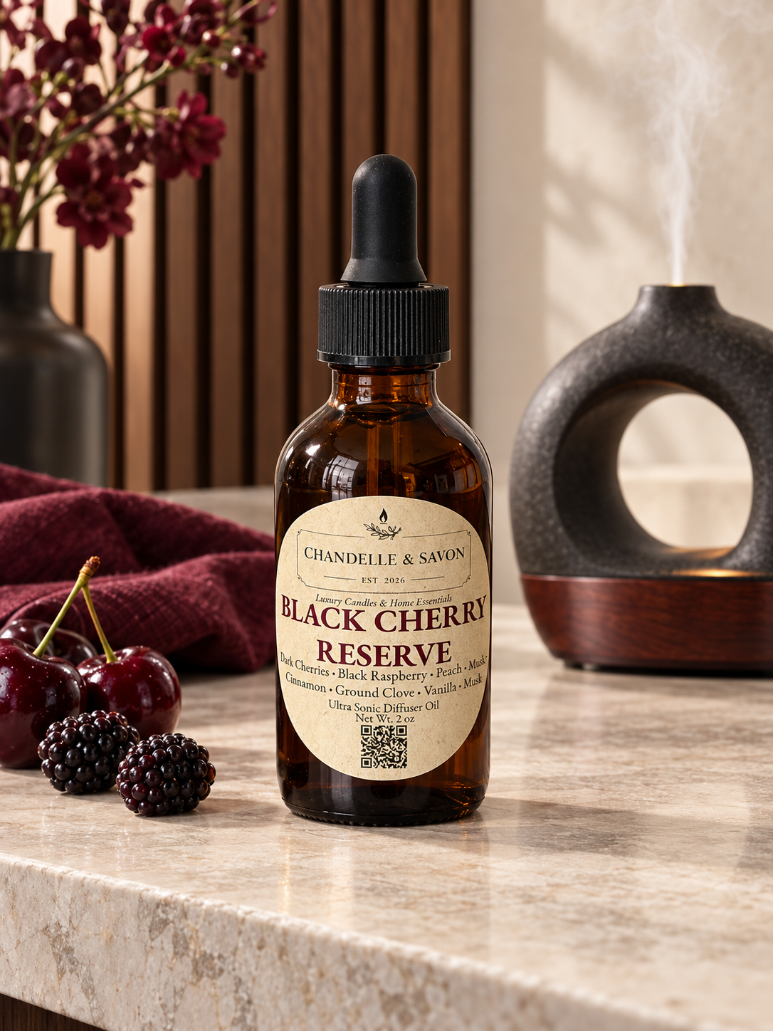 Chanelle & Savon Black Cherry Reserve diffuser oil in an amber glass dropper bottle, styled on a marble countertop with fresh cherries, blackberries, a dark red cloth, and a diffuser in the background.