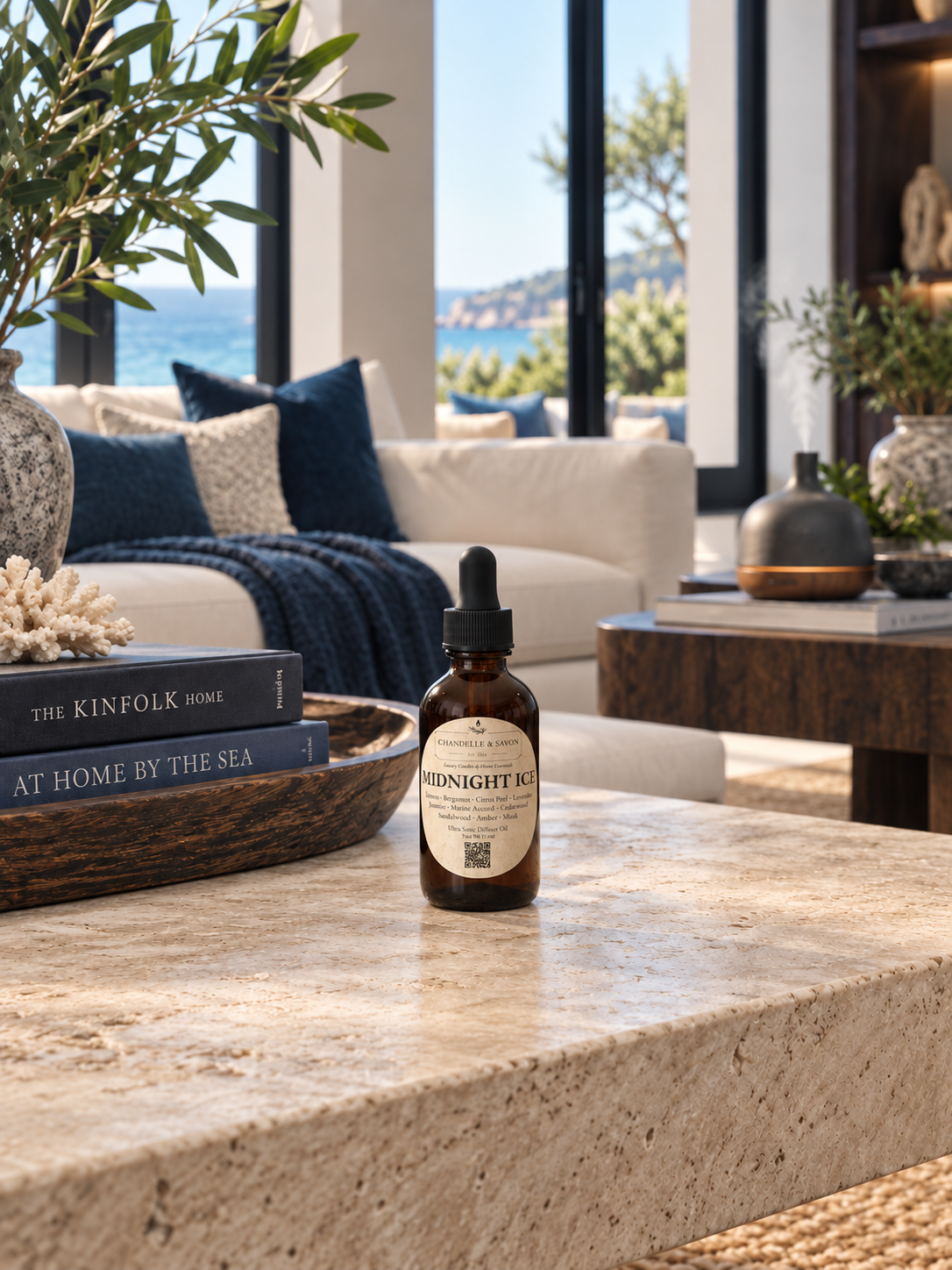 An amber glass dropper bottle labeled 'Midnight Ice' sits on a light beige stone countertop in a modern living room setting with a sofa, pillows, and large windows in the background.