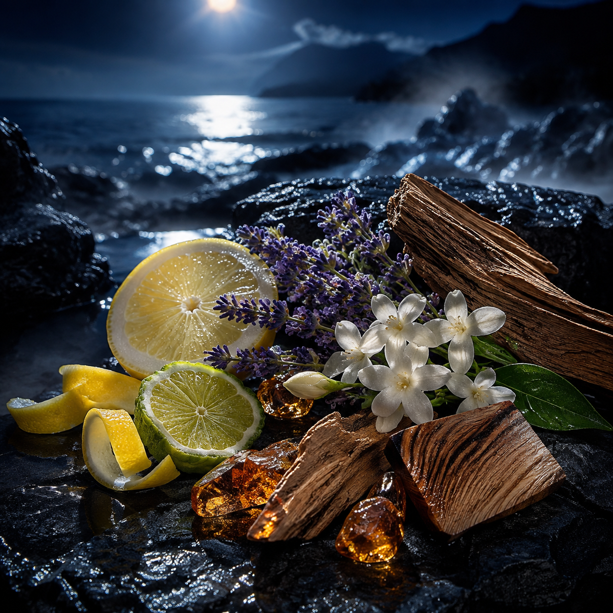 A moody still life arrangement on dark rocks by the ocean at night under a bright moon, featuring a sliced lemon, lime halves, white flowers, purple lavender, amber-colored stones, and pieces of brown wood.