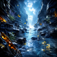 A dramatic fantasy landscape print showing a narrow rocky canyon with a glowing blue stream flowing through it. The scene features luminous golden-yellow flowers, white blossoms, and warm amber light glowing from the dark cliffs under a bright, sunlit sky.