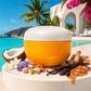 A round cosmetic jar with a white lid and a bright yellow-orange body sits on a white table in a tropical beach setting. The jar is styled with coconut, almonds, vanilla beans, wood chips, and honey, with turquoise water, palm trees, and a white resort building in the background.