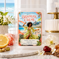 A wax melt package labeled 'Brazilian Creme' by Chandelle & Savon, displayed in a clear plastic clamshell on a marble surface with tropical beach artwork on the front. The scene includes a lemon half, pink roses, a cherry, and a softly blurred coastal interior background.