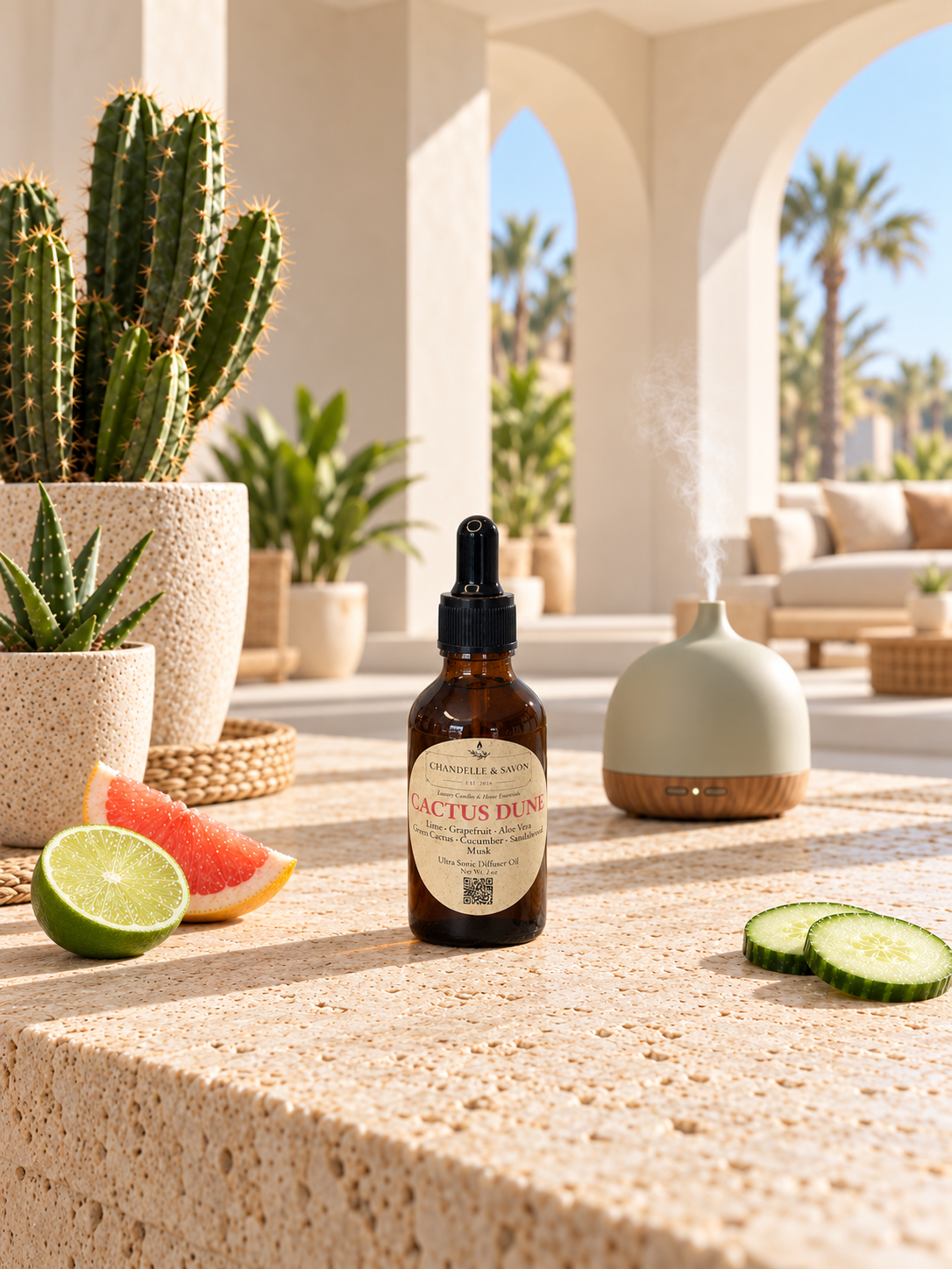 A small amber dropper bottle labeled 'Cactus Dune' sits on a stone patio table outdoors, styled with a diffuser, cacti, lime, cucumber slices, and watermelon. The scene is brightly lit with warm sunlight and architectural arches in the background.