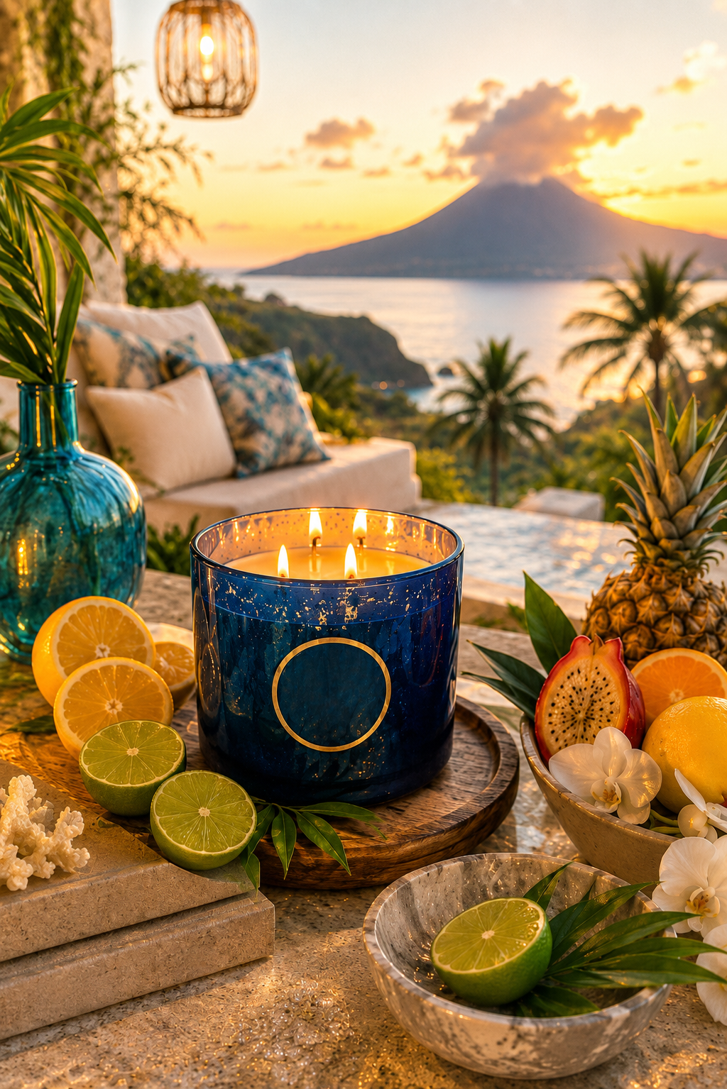 A blue marbled candle with gold detailing and lit wicks sits on a wooden tray on a patio table, surrounded by tropical fruits, a blue glass vase, and a scenic sunset ocean view with a volcano in the background.