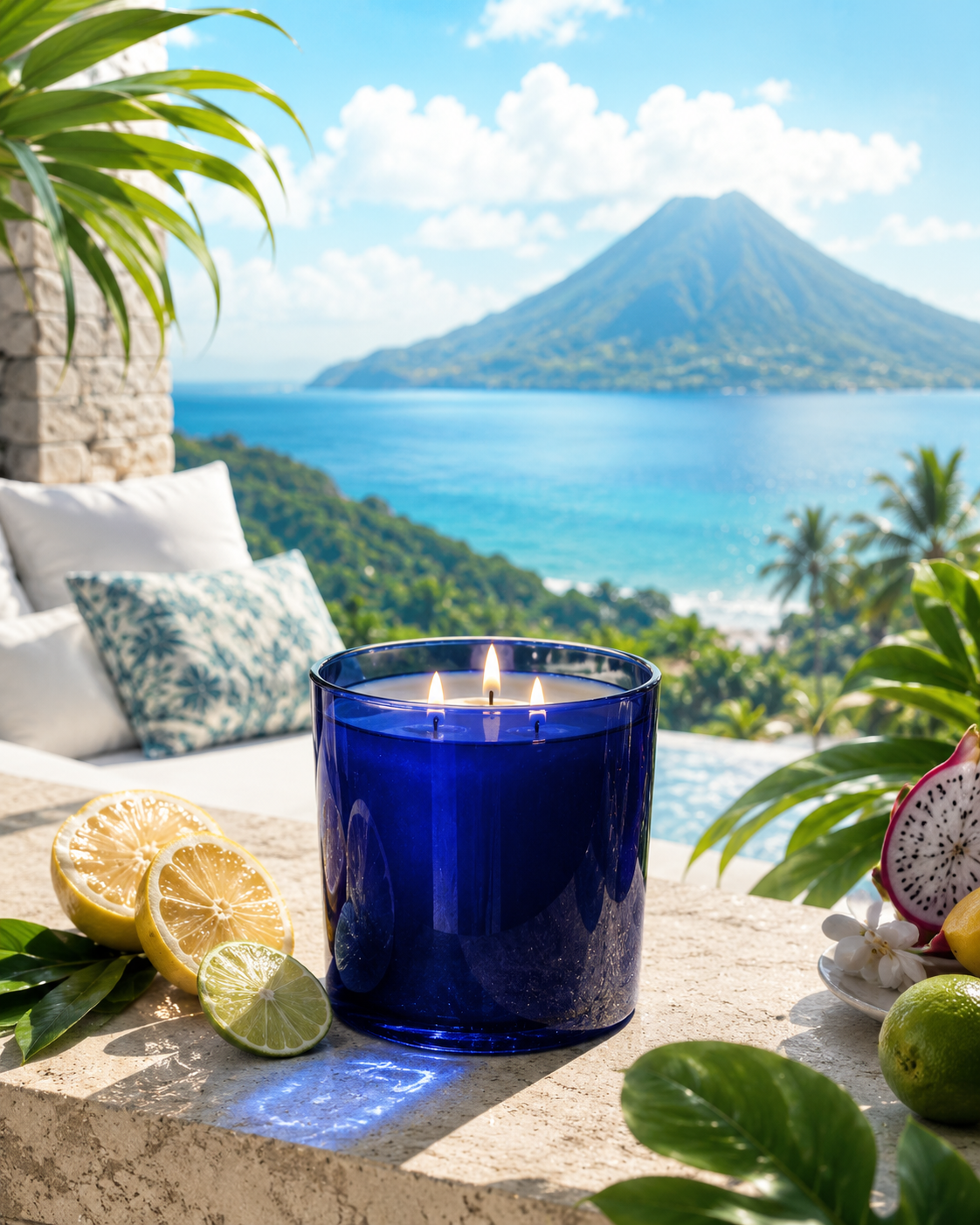 A lit blue glass candle sits on a stone ledge outdoors, surrounded by lemons, limes, dragon fruit, and tropical leaves, with a beach and mountain backdrop.