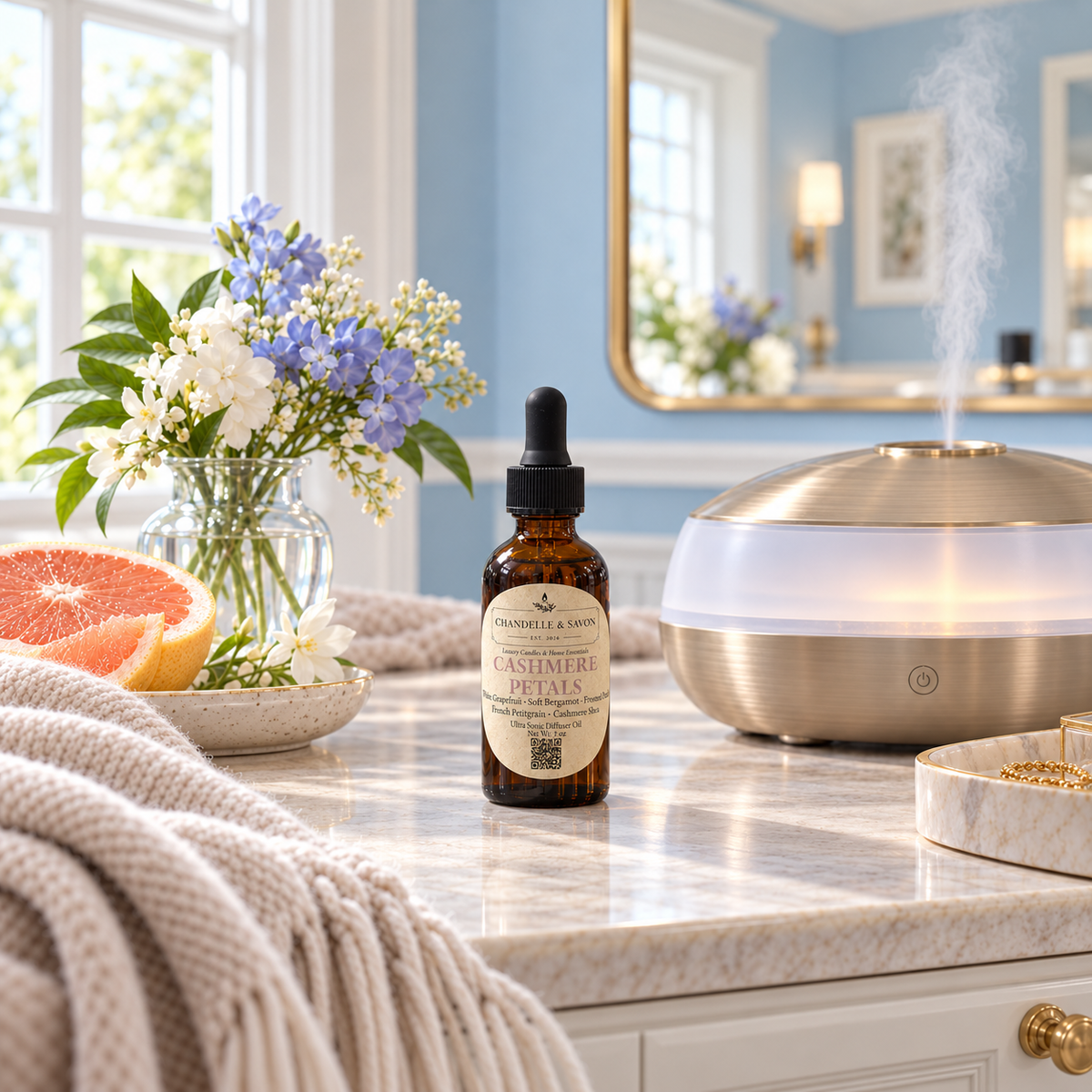 A bottle of Cashmere Petals diffuser oil by Chandelle & Savon stands on a marble bathroom counter next to a glowing diffuser, with a vase of flowers and a folded cream knit blanket nearby.