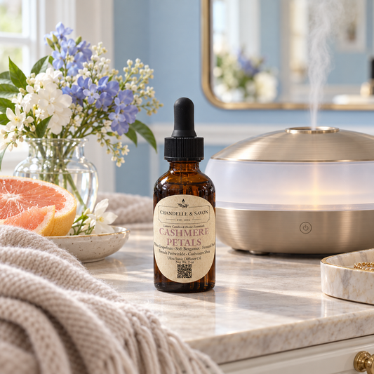 An amber glass dropper bottle labeled Chandelle & Savon Cashmere Petais sits on a marble countertop beside a lit diffuser, flowers, a grapefruit slice, and a knitted blanket in a bright room.